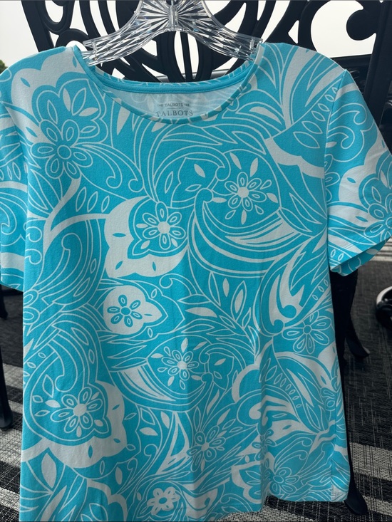 Talbots Tops - Talbots Turquoise and White Floral-Print Short Sleeve Tee